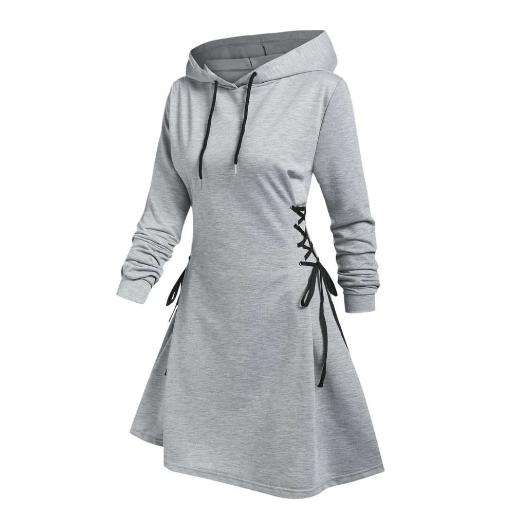 Women Dresses Long Sleeve Autumn Drawstring Lace Up Mini Hoodie